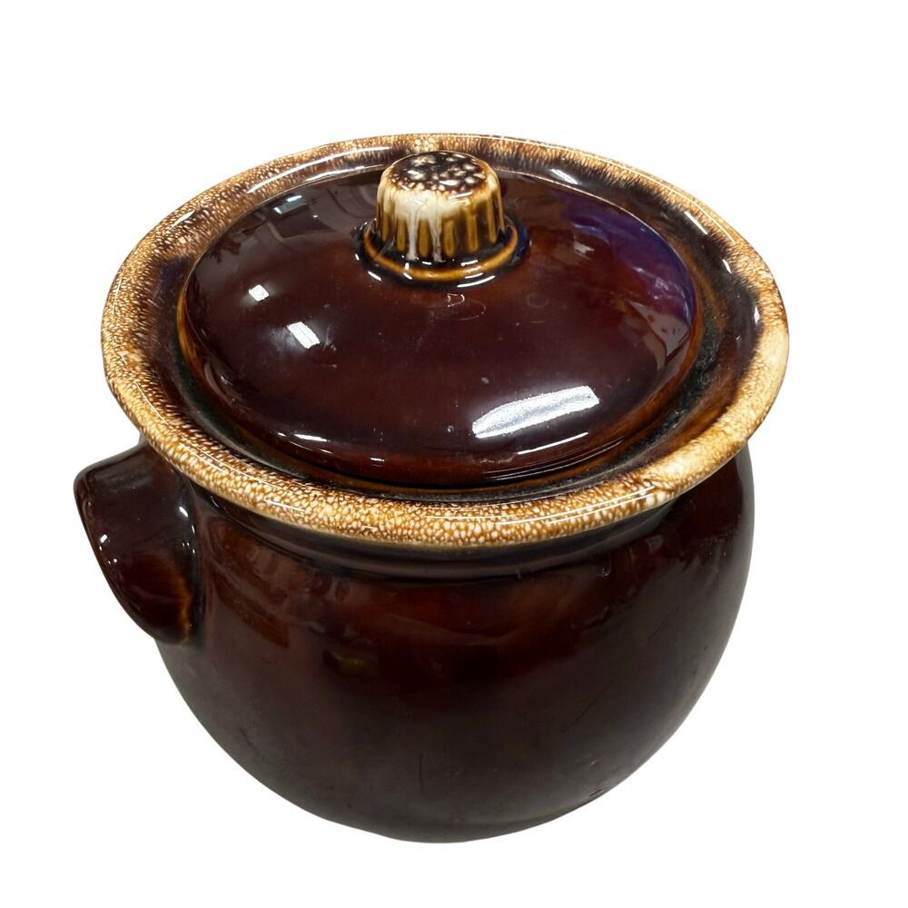 VTG Hull Pottery Drip Brown Bean Pot Lid Oven Proof Crock USA Glaze Cookie Jar
